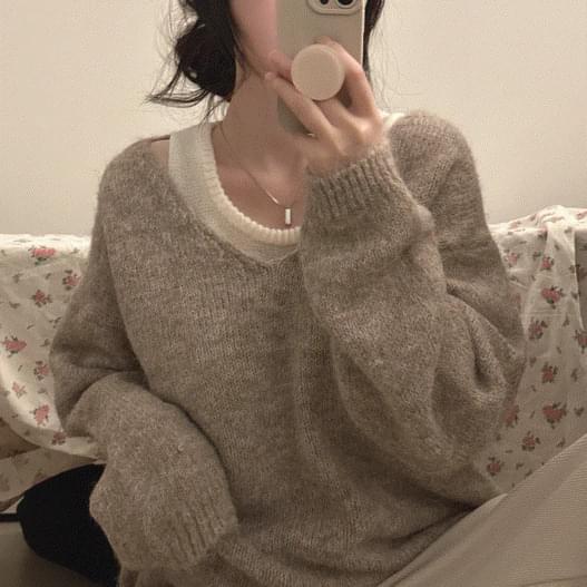 원오프숄더 브이넥 루즈핏 니트 나시세트 3color